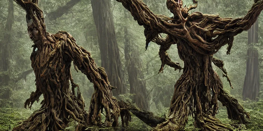 Prompt: humanoid giant - treant creature made from gnarly thick branches, dying, ent treant dryad, in a redwood forest, oak, thick : : dark dying leaves : : realistic, highly detailed matte painting