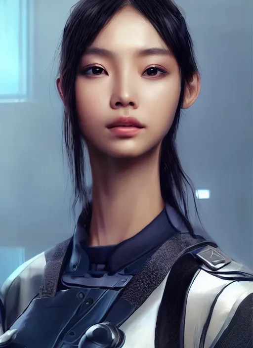 Image similar to portrait of angelababy, futuristic hong kong police uniform girl, au naturel, hyper detailed, digital art, trending in artstation, cinematic lighting, studio quality, smooth render, unreal engine 5 rendered, octane rendered, art style by klimt and nixeu and ian sprigger and wlop and krenz cushart