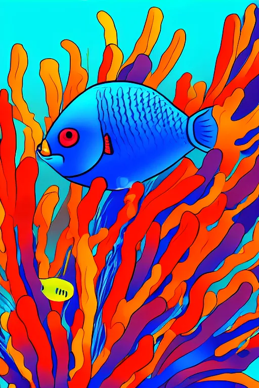Prompt: a beautiful and colorful fish swimming through a coral in the ocean, cartoon style