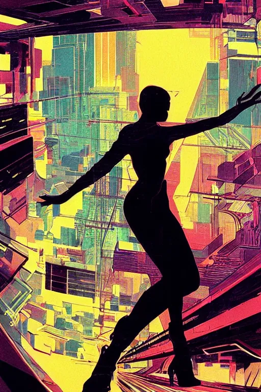 Image similar to fisheye, a silhouette of a woman lost in tensor fields cityscape, madness, decoherence, synthwave, glitch!!, fracture, realistic, hyperdetailed, concept art, golden hour, art by syd mead, cubism