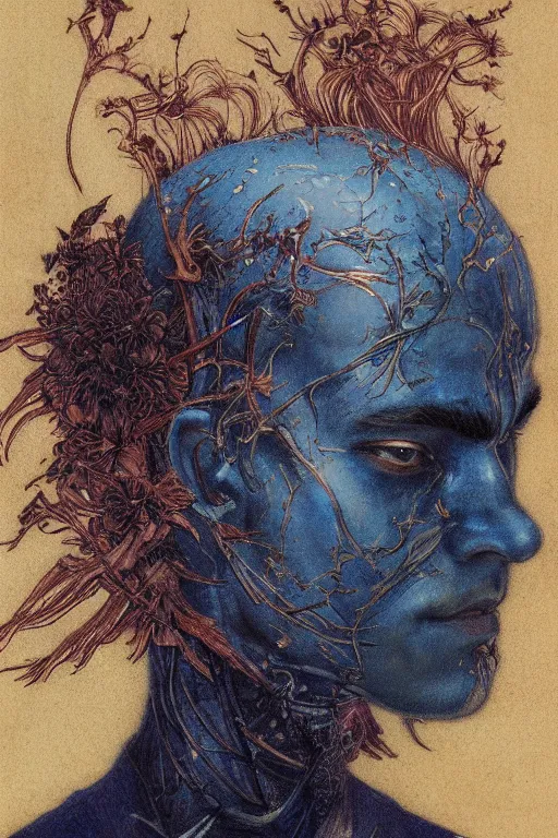 Image similar to portrait of beautiful young man, warhammer, japanic style, cyberpunk, a lot of scars, more and more flowers, blue head, the middle ages, highly detailed, artstation, illustration, art by jean delville, 8 k quality