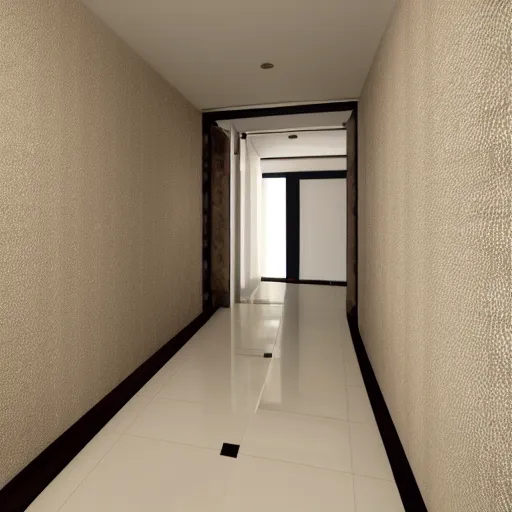 Prompt: dark nostalgic modern hallway with beige wallpaper