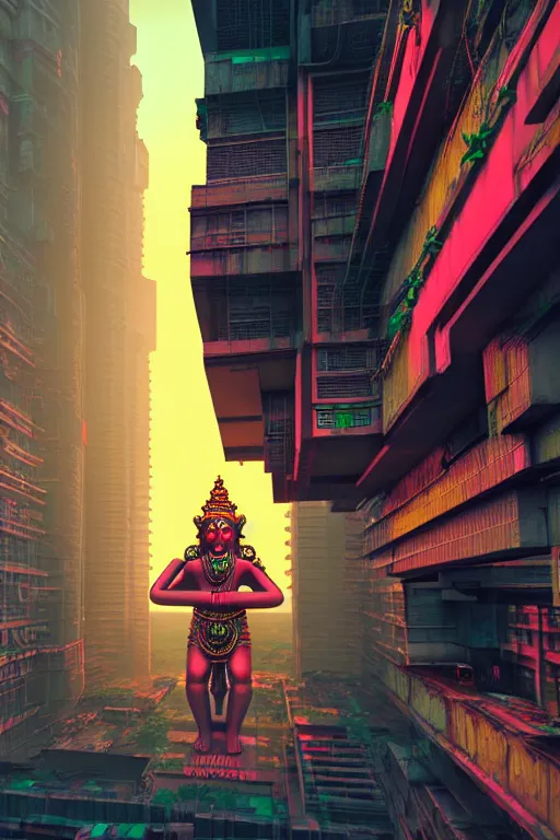 Image similar to high quality 3 d render cyberpunk mumbai!, kalighat hanuman!! head highly detailed, cinematic smooth unreal engine, lee madgwick, hard morning light, long shot, low angle, uhd 8 k, sharp focus