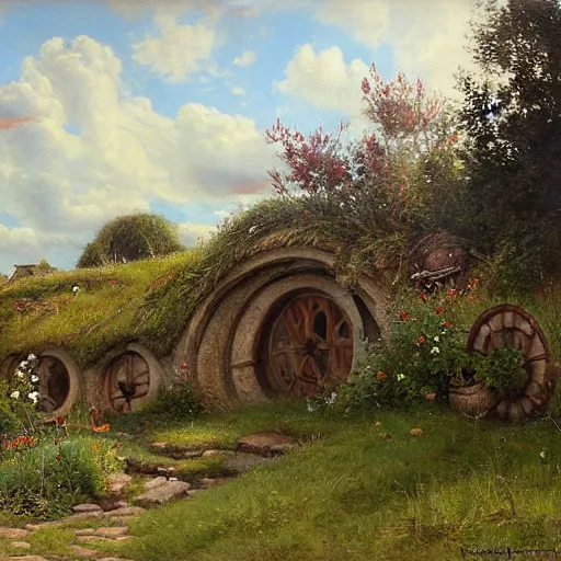 Prompt: Hobbiton painted by Ivan Kramskoi