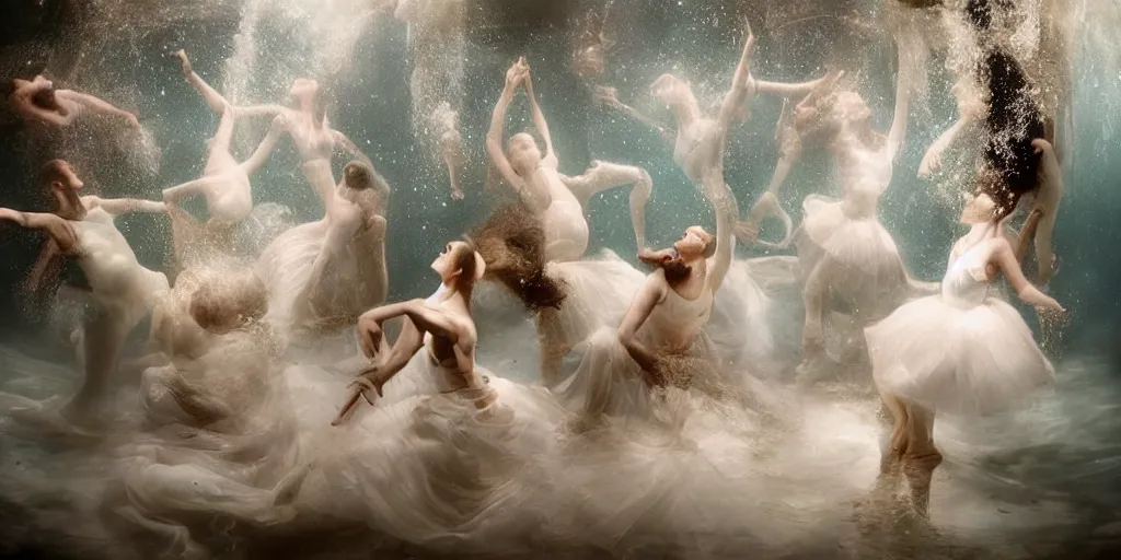 Image similar to underwater realistic photography of dancers with long gorgeous clothes , renaissance epic scene . Fluidity, elegance, beauty, in the middle of the woods, smoke in the stage. high details. by CHRISTY LEE ROGERS