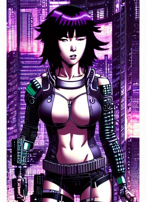 Image similar to motoko kusanagi in grungy cyberpunk megacity, intricate and finely detailed, cyberpunk vaporwave, portrait by j scott campbell, phil jimenez, ilya kuvshinov