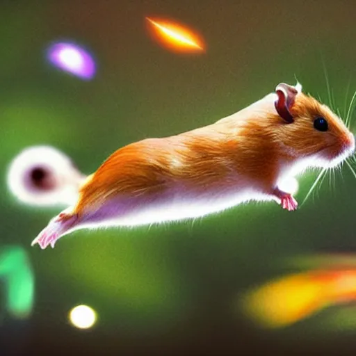 Image similar to hamster flying at the speed of light, colorful, realistic, national geographic