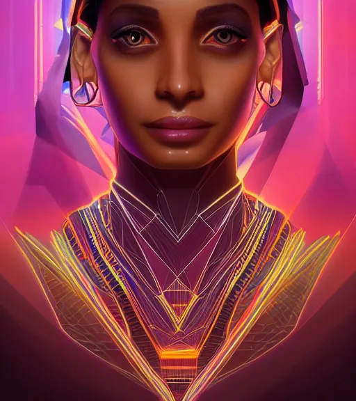 Image similar to symmetry!! egyptian princess of technology, solid cube of light, hard edges, product render retro - futuristic poster scifi, lasers and neon circuits, beautiful brown skin woman egyptian princess, intricate, elegant, highly detailed, digital painting, artstation, concept art, smooth, sharp focus, illustration, dreamlike, art by artgerm