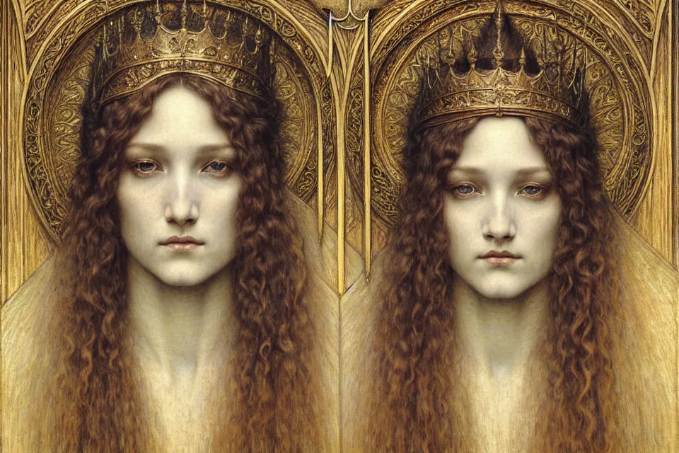 Image similar to detailed realistic beautiful young medieval queen face portrait by jean delville, gustave dore and marco mazzoni, art nouveau, symbolist, visionary, gothic, pre - raphaelite. horizontal symmetry