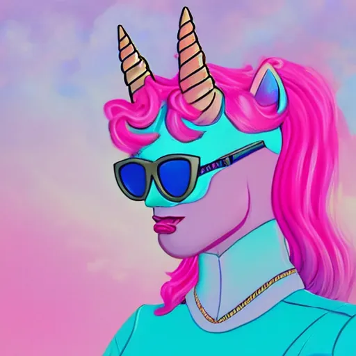 Prompt: A pink unicorn made of bubbles with sunglasses, synthwave style, fantasy, portrait, trending on artstation, detailed, award winning