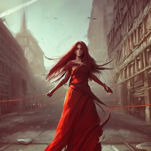 Image similar to a woman with long hair and with red long dress balancing with wind in urban scene, highly detailed, illustration, fantasy art, in the style of greg rutkowski, epic, fantasy, intricate, hyper detailed, artstation, concept art, smooth, sharp focus, ray tracing