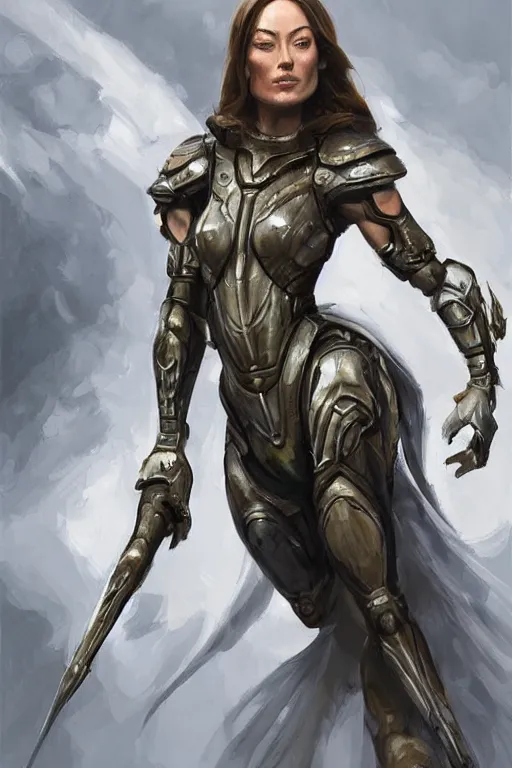 Image similar to a professional painting of a young Olivia Wilde, clothes in military armor, olive skin, long dark hair, beautiful bone structure, symmetrical facial features, intricate, elegant, digital painting, concept art, smooth, sharp focus, illustration, from StarCraft by Ruan Jia and Mandy Jurgens and Artgerm and William-Adolphe Bouguerea