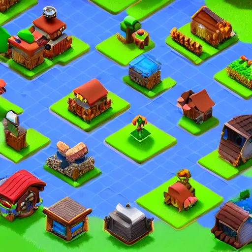 Prompt: collection of isometric farm sprites on a solid background, clash of clans style, modular game dev art