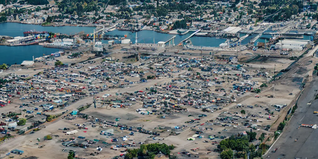 Image similar to bird's eye view of a city, trailer park, a road, bridge, and shipping dock area. town hall. photography