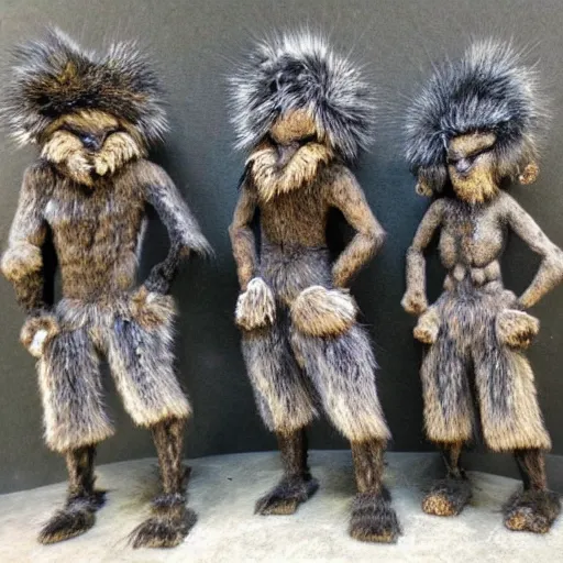 Image similar to group of five looming figures with fur skins, they create a dark court yard of a small house