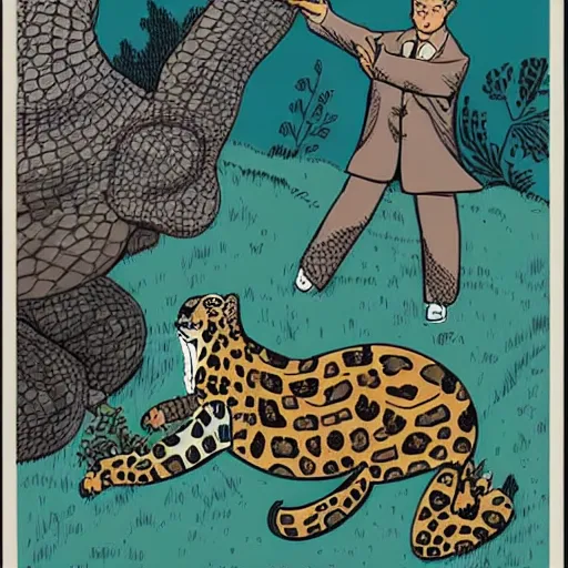 Image similar to the leopard and the tortoise in the style of david aja