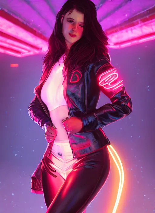 Prompt: pretty young woman with shoulder length shiny shimmering dark red hair and wearing a stuffed leather jacket with the glow of neon lights illuminating her, path traced, highly detailed, high quality, digital painting, by cd projekt red, cyberpunk,