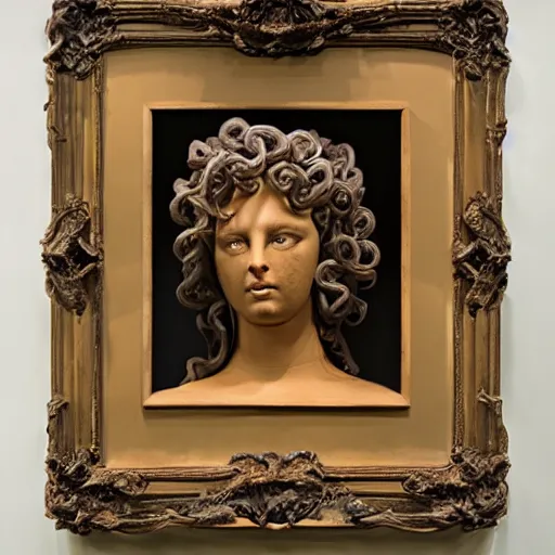 Image similar to a taxidermized medusa mythology, in a museum, portrait,