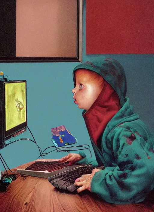 Prompt: realistic detailed image of a child looking at the PC computer from 90s in the style of Francis Bacon, hooded figure Surreal, Norman Rockwell and James Jean, Greg Hildebrandt, and Mark Brooks, triadic color scheme, By Greg Rutkowski, in the style of Francis Bacon and Syd Mead and Edward Hopper and Norman Rockwell and Beksinski, dark surrealism, open ceiling, highly detailed, painted by Francis Bacon, painted by James Gilleard, surrealism, Laurie Lipton, grainy film kodak by Nicola Samori, airbrush, Ilya Kuvshinov, WLOP, Stanley Artgerm, very coherent, art by Takato Yamamoto and James Jean