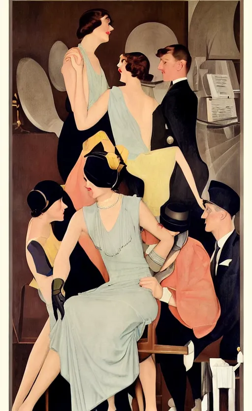 Image similar to a painting depicting Jazz Age high society people, 1920s style, smooth, highly detailed, high contrast, Coles Phillips, Dean Cornwell, JC Leyendecker, 8K