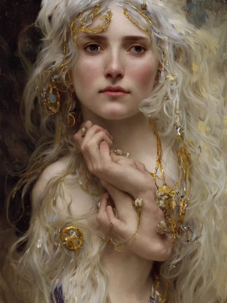 Image similar to a highly detailed beautiful white haired woman, adorned with precious stones and thin gold tendrils, by jeremy mann, by alphonse mucha, by william - adolphe bouguereau, 4 k resolution, trending on artstation, very very detailed, masterpiece, stunning, intricate,