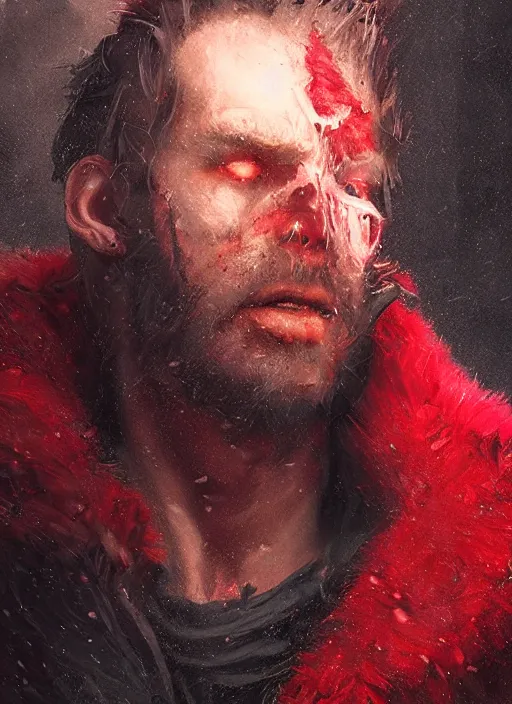 Image similar to portrait of a medieval man in a torn red fur coat, highly detailed, fantasy, godrays, cinematic lighting, close up, volumetric, realistic, digital art by greg rutkowski