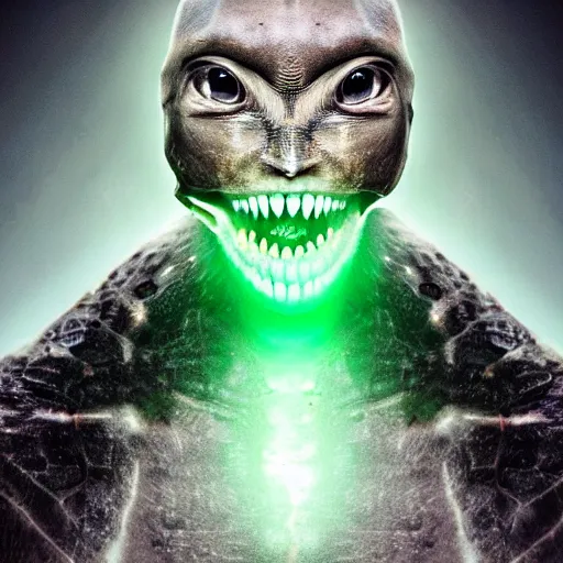 Image similar to an alien. angled jaw, snarling, omniverous layered teeth, smooth bioluminescent skin, hunter gatherer holding a opal tipped spear, mid length portrait photograph, highly detailed, high contrast lighting