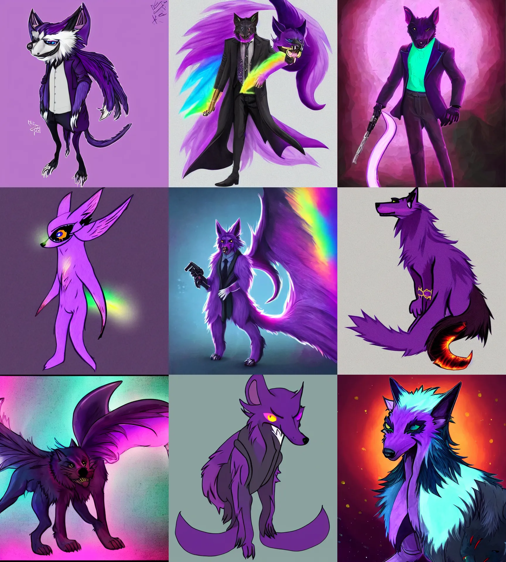 Prompt: ( with a glowing rainbow tail ) a purple wolfbat fursona ( from the furry fandom ) wearing an eyepatch, in the style of the john wick movie series