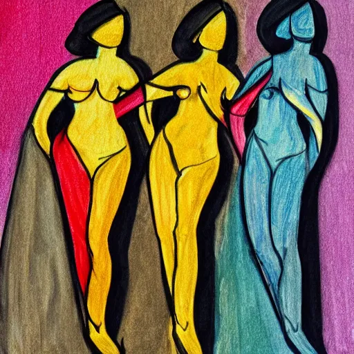 Prompt: the three graces dancing with their shadows, sketch, multicolored, intricate, full body, cinematic