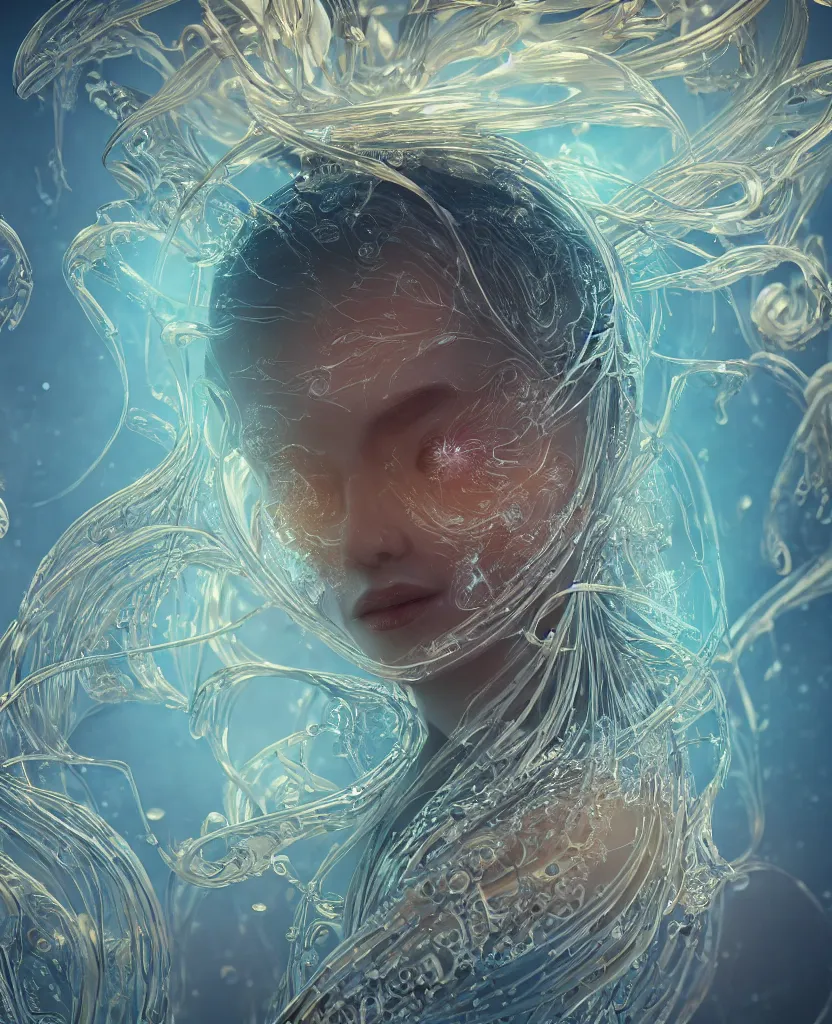 Image similar to close-up macro portrait of the face of a beautiful princess, epic angle and pose, symmetrical artwork, 3d with depth of field, blurred background, cybernetic jellyfish female face skull phoenix bird, translucent, nautilus, energy flows of water and fire. a highly detailed epic cinematic concept art CG render. made in Maya, Blender and Photoshop, octane render, excellent composition, cinematic dystopian brutalist atmosphere, dynamic dramatic cinematic lighting, aesthetic, very inspirational, arthouse. y Greg Rutkowski, Ilya Kuvshinov, WLOP, Stanley Artgerm Lau, Ruan Jia and Fenghua Zhong