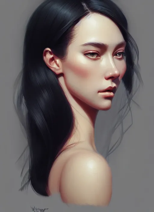 Image similar to 3 / 4 view of a portrait of woman, confident pose, intricate, elegant, sharp focus, illustration, highly detailed, concept art, matte, trending on artstation, anime, art by wlop and artgerm and greg rutkowski, ilya kuvshinov, strong strokes,