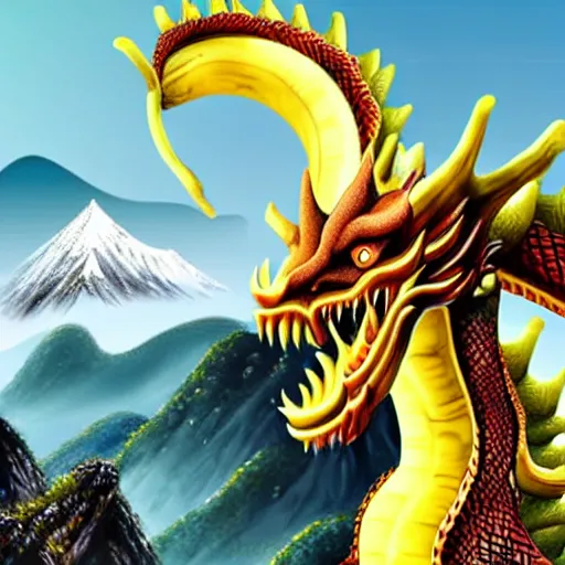 Image similar to Chinese president with bananas, battle with dragon, mountains background, fantasy art