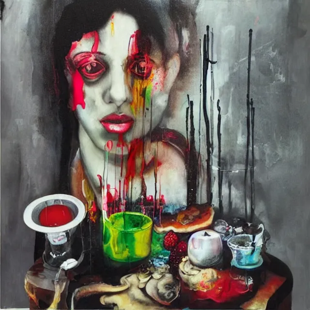 Prompt: “ a portrait in a female art student ’ s apartment, mushrooms, sensual, art supplies, a candle dripping white wax, berry juice drips, acrylic and spray paint and oilstick on canvas, surrealism, neoexpressionism ”