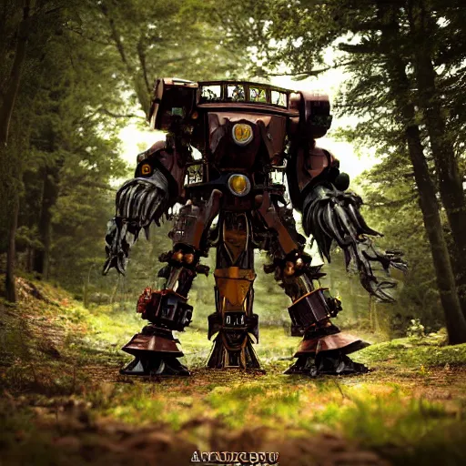 Prompt: steampunk colossal mech battle robot standing a swedish forest very low angle photograph trending on artstation. Highly detailed. Artstation. 3d render. Unreal engine. 4k. 8k. Hyperrealism.