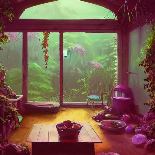 Image similar to concept art painting of a interior of a cozy alien fantasy cottage, with black vines and magenta houseplants, realistic, detailed, cel shaded, dark, in the style of makoto shinkai and greg rutkowski and james gurney