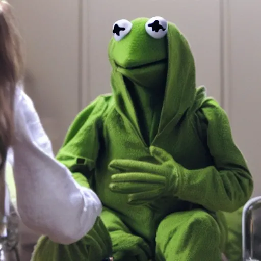 Prompt: still of kermit the frog as jesse pinkman in breaking bad