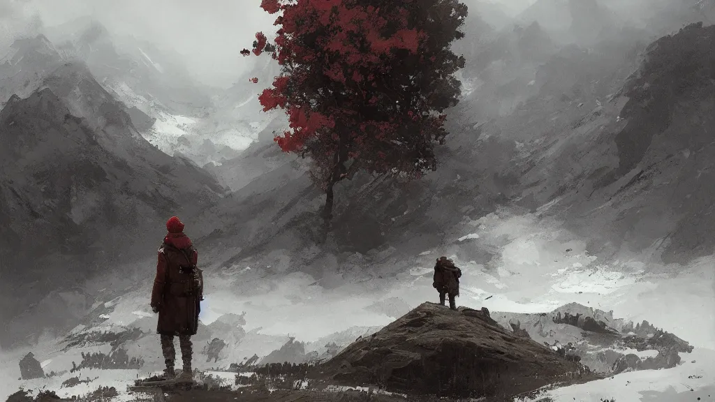 Prompt: a character in a stunning landscape by jakub rozalski