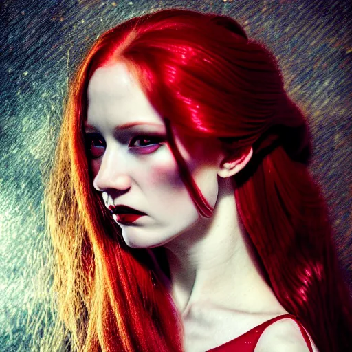 Image similar to majestic gracious regal aristocratic female red haired vampire portrait, aesthetically pleasing, atmospheric lighting, painted, seductive, menacing, intricate, volumetric lighting, beautiful, rich deep colours masterpiece, golden hour, golden ratio, sharp focus, ultra detailed, by leesha hannigan, ross tran, thierry doizon, kai carpenter, ignacio fernandez rios