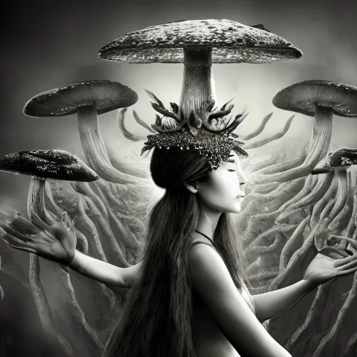 Image similar to mushroom goddess with extremely elegant headdress with group of elders in a ceremony for plant medicine, beautiful, hiroya oku, yoshitaka amano, alex grey, black and white, beautiful lighting, cinematic still, quantum gravity 3 d render, 8 k