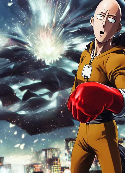 Realistic One Punch Man, city background, artistic, Stable Diffusion