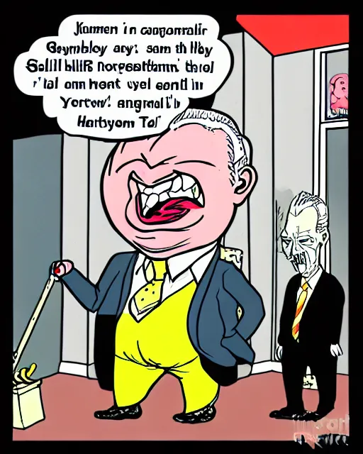 Image similar to scary cartoon, yeltsin in hell, frame from the cartoon in color, drawing in good quality