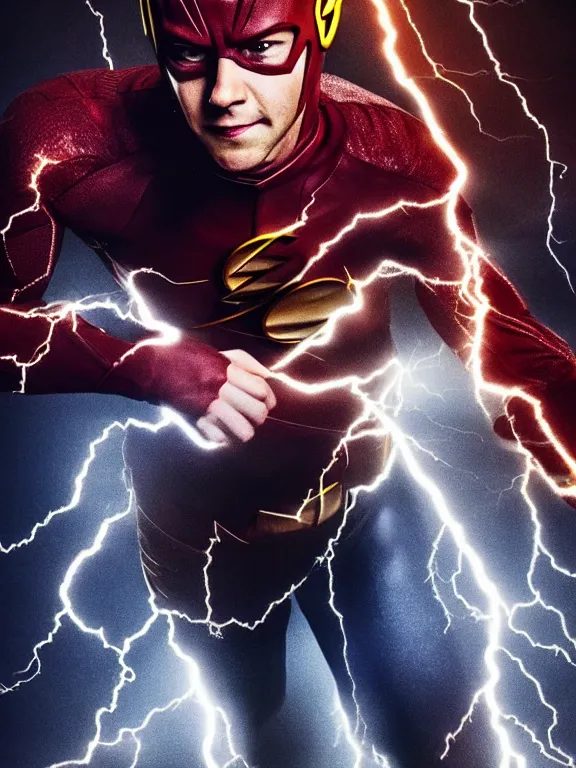 Prompt: portrait, dylan o'brien as the flash, lightning!!!, hyperrealism, moody lighting, intricate, 8 k