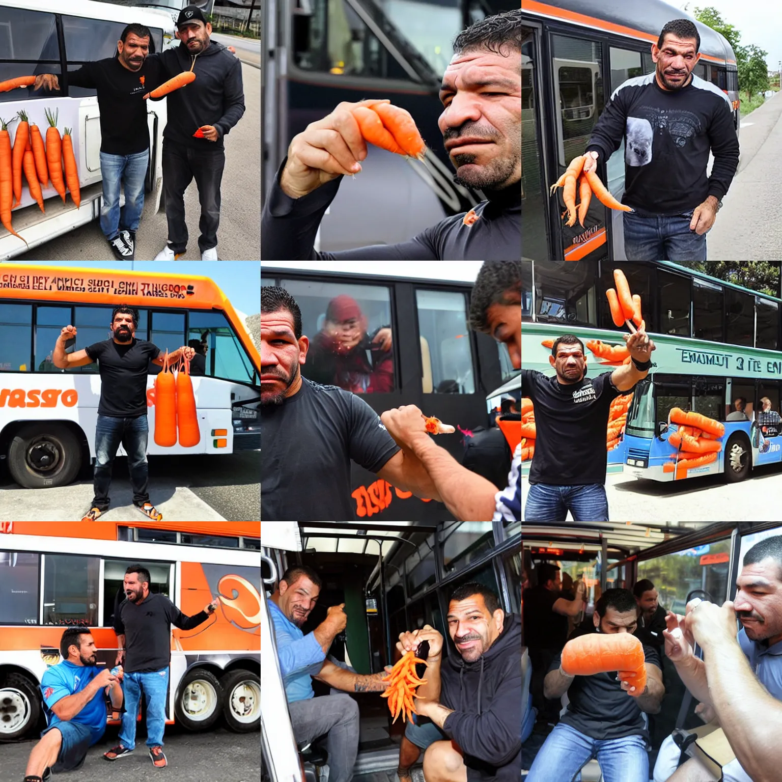 Prompt: antonio rodrigo nogueira holds a single carrot next to a bus, and antonio rogerio nogueira pets the bus with his hand ; photo