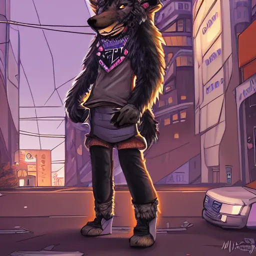 Prompt: beautiful furry art portrait commission of a furry anthro wolf fursona wearing punk clothes in the streets of a cyberpunk city. character design by rick griffin, miles df