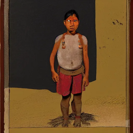 Image similar to indigenous boy standing on a barren plain muted colors