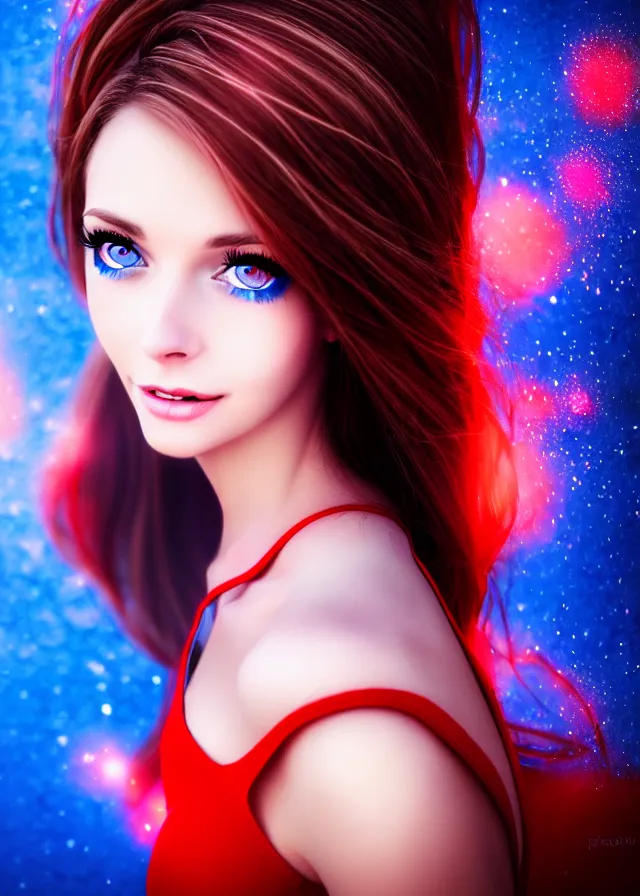 Prompt: epic digital photo portrait of stunning brunette woman, perfect face, blue eyes, smiling, red sapphire dress, hdr, 4 k, wlop, pixiv, gorgeous, much wow, cinematic