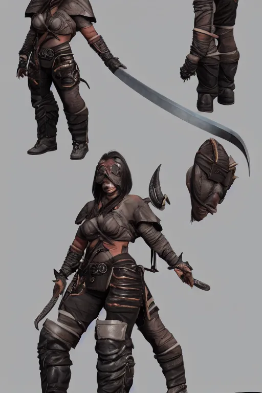 Image similar to gender : female, race : orc, job : bounty hunter, weapon : katana, clothes : leather armor, accessories : goggles, body type : strong hair style : wavy, concept art, trending on artstation 3 d.