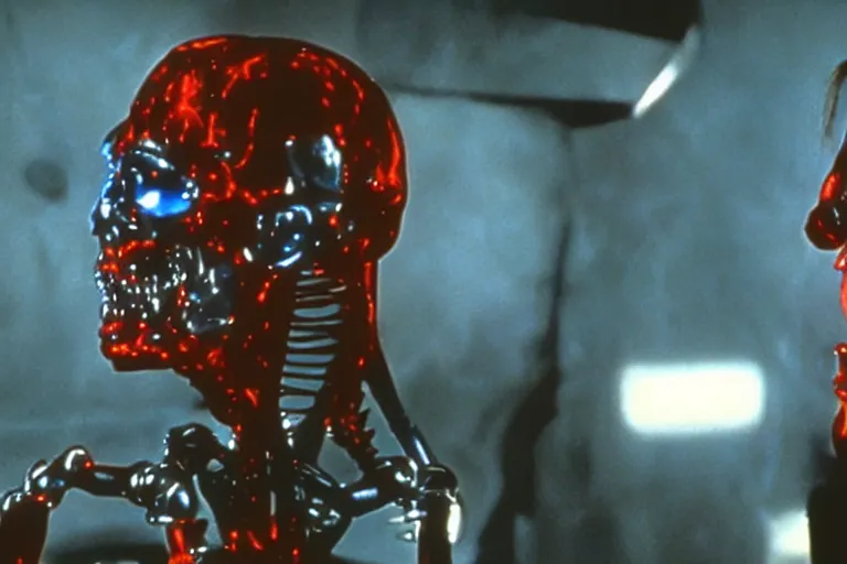 Image similar to Jack Nicholson plays Terminator, his one yes glow red, scene where his endoskeleton is exposed, still from the film