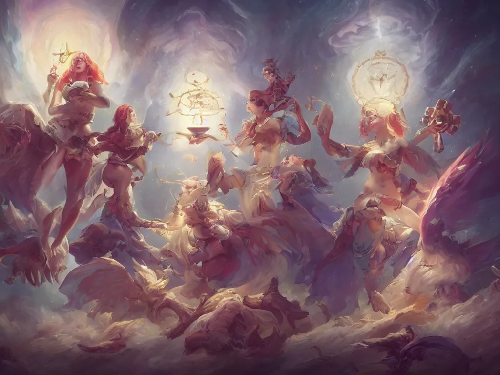 Image similar to angelical time keepers performing a ritual of planetary sacrifice, emotional, fantastic, stars, detailed, digital art, artstation by peter mohrbacher and artgerm, league of legends splash art