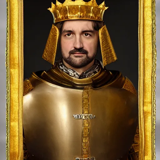 Image similar to richard iv the roman king photo, real human, soft studio lighting, 6 0 mm lens in full armor, cashmere hairs, golden crown